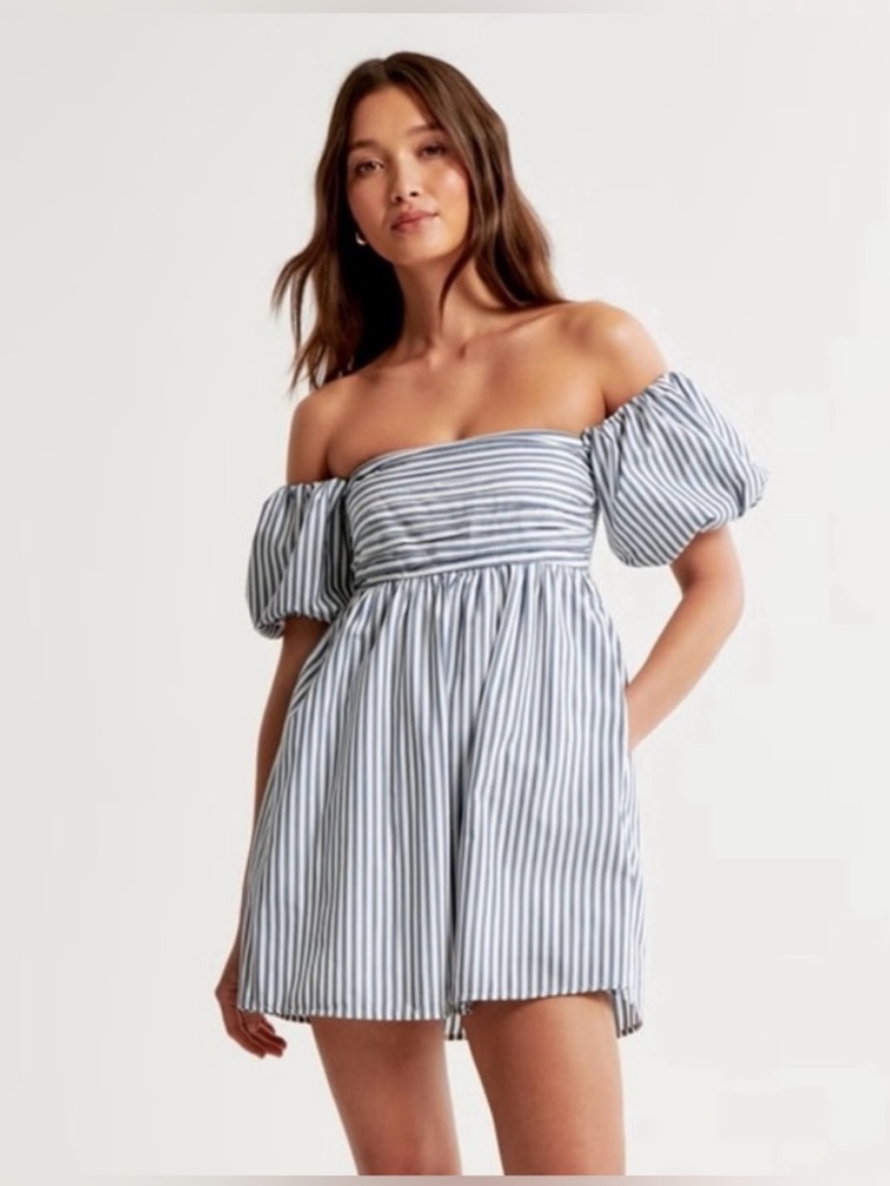 Abercrombie Emerson Off Shoulder Puff Sleeve Blue/White Stripe Dress Skort Large - Picture 3 of 16